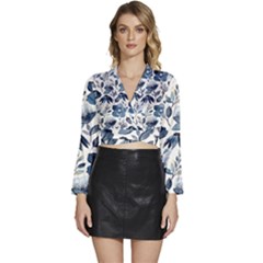 Indigo-watercolor-floral-seamless-pattern Long Sleeve Tie Back Satin Wrap Top by uniart180623