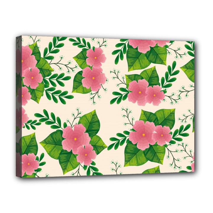 Cute-pink-flowers-with-leaves-pattern Canvas 16  x 12  (Stretched)