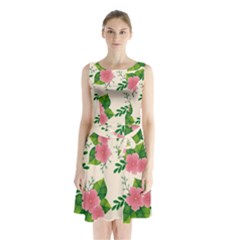 Cute-pink-flowers-with-leaves-pattern Sleeveless Waist Tie Chiffon Dress