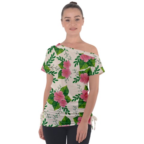 Cute-pink-flowers-with-leaves-pattern Off Shoulder Tie-up Tee by uniart180623