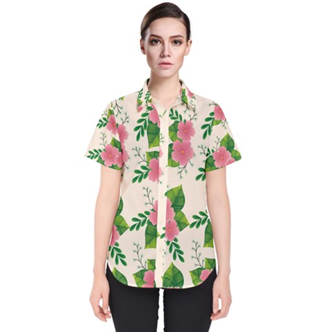 Cute-pink-flowers-with-leaves-pattern Women s Short Sleeve Shirt by uniart180623