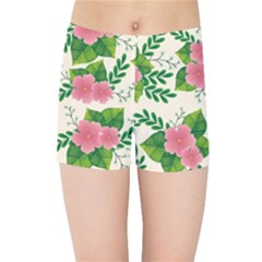 Cute-pink-flowers-with-leaves-pattern Kids  Sports Shorts by uniart180623