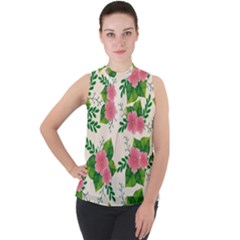 Cute-pink-flowers-with-leaves-pattern Mock Neck Chiffon Sleeveless Top by uniart180623