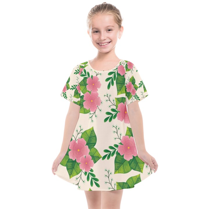 Cute-pink-flowers-with-leaves-pattern Kids  Smock Dress