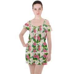 Cute-pink-flowers-with-leaves-pattern Ruffle Cut Out Chiffon Playsuit by uniart180623