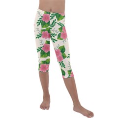 Cute-pink-flowers-with-leaves-pattern Kids  Lightweight Velour Capri Leggings  by uniart180623