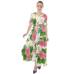 Cute-pink-flowers-with-leaves-pattern Waist Tie Boho Maxi Dress by uniart180623