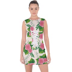 Cute-pink-flowers-with-leaves-pattern Lace Up Front Bodycon Dress by uniart180623