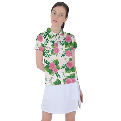 Cute-pink-flowers-with-leaves-pattern Women s Polo Tee by uniart180623