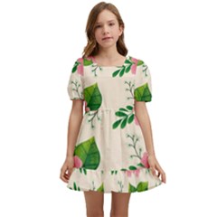 Cute-pink-flowers-with-leaves-pattern Kids  Short Sleeve Dolly Dress by uniart180623