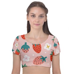 Strawberry-seamless-pattern Velvet Short Sleeve Crop Top  by uniart180623