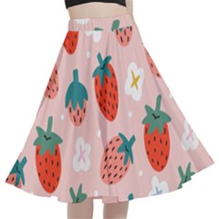 Strawberry-seamless-pattern A-line Full Circle Midi Skirt With Pocket