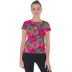 Background-cute-flowers-fuchsia-with-leaves Short Sleeve Sports Top  by uniart180623