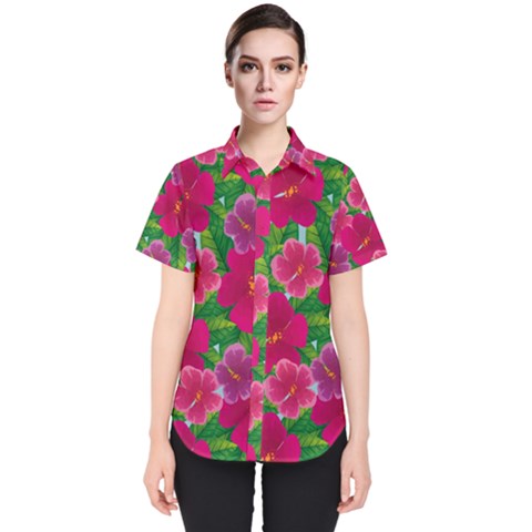 Background-cute-flowers-fuchsia-with-leaves Women s Short Sleeve Shirt by uniart180623