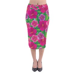 Background-cute-flowers-fuchsia-with-leaves Velvet Midi Pencil Skirt by uniart180623