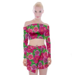 Background-cute-flowers-fuchsia-with-leaves Off Shoulder Top With Mini Skirt Set by uniart180623