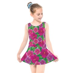 Background-cute-flowers-fuchsia-with-leaves Kids  Skater Dress Swimsuit by uniart180623