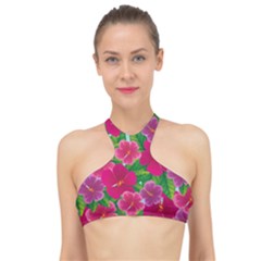 Background-cute-flowers-fuchsia-with-leaves High Neck Bikini Top by uniart180623