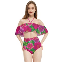 Background-cute-flowers-fuchsia-with-leaves Halter Flowy Bikini Set 