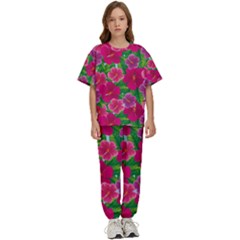 Background-cute-flowers-fuchsia-with-leaves Kids  Tee And Pants Sports Set by uniart180623