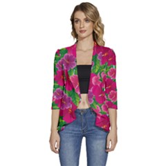 Background-cute-flowers-fuchsia-with-leaves Women s 3/4 Sleeve Ruffle Edge Open Front Jacket by uniart180623