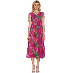 Background-cute-flowers-fuchsia-with-leaves V-neck Drawstring Shoulder Sleeveless Maxi Dress by uniart180623