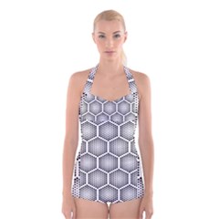 Halftone-tech-hexagons-seamless-pattern Boyleg Halter Swimsuit  by uniart180623