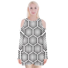 Halftone-tech-hexagons-seamless-pattern Velvet Long Sleeve Shoulder Cutout Dress by uniart180623