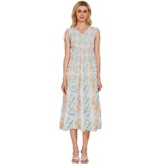 Hand-drawn-cute-flowers-with-leaves-pattern V-neck Drawstring Shoulder Sleeveless Maxi Dress