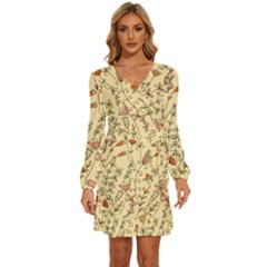 Seamless-pattern-with-different-flowers Long Sleeve Waist Tie Ruffle Velvet Dress