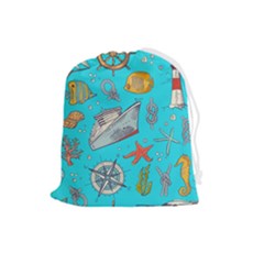 Colored-sketched-sea-elements-pattern-background-sea-life-animals-illustration Drawstring Pouch (large) by uniart180623