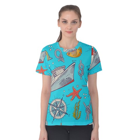 Colored-sketched-sea-elements-pattern-background-sea-life-animals-illustration Women s Cotton Tee by uniart180623