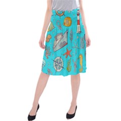 Colored-sketched-sea-elements-pattern-background-sea-life-animals-illustration Midi Beach Skirt by uniart180623