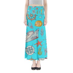 Colored-sketched-sea-elements-pattern-background-sea-life-animals-illustration Full Length Maxi Skirt by uniart180623