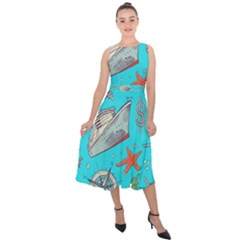 Colored-sketched-sea-elements-pattern-background-sea-life-animals-illustration Midi Tie-back Chiffon Dress