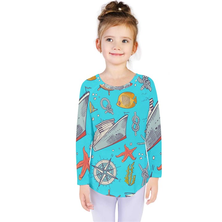 Colored-sketched-sea-elements-pattern-background-sea-life-animals-illustration Kids  Long Sleeve Tee