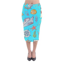 Colored-sketched-sea-elements-pattern-background-sea-life-animals-illustration Velvet Midi Pencil Skirt by uniart180623