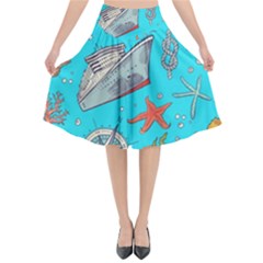 Colored-sketched-sea-elements-pattern-background-sea-life-animals-illustration Flared Midi Skirt by uniart180623