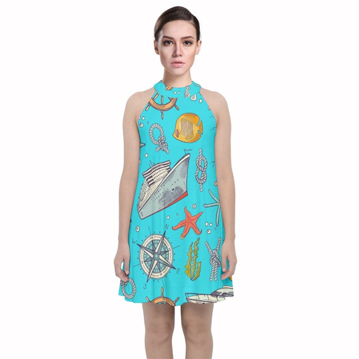 Colored-sketched-sea-elements-pattern-background-sea-life-animals-illustration Velvet Halter Neckline Dress 