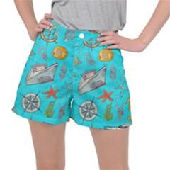 Colored-sketched-sea-elements-pattern-background-sea-life-animals-illustration Women s Ripstop Shorts by uniart180623