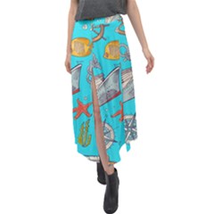 Colored-sketched-sea-elements-pattern-background-sea-life-animals-illustration Velour Split Maxi Skirt by uniart180623