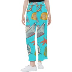 Colored-sketched-sea-elements-pattern-background-sea-life-animals-illustration Women s Pants  by uniart180623