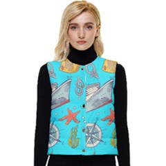 Colored-sketched-sea-elements-pattern-background-sea-life-animals-illustration Women s Short Button Up Puffer Vest by uniart180623