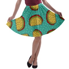 Taco-drawing-background-mexican-fast-food-pattern A-line Skater Skirt by uniart180623