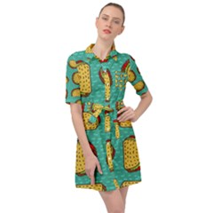 Taco-drawing-background-mexican-fast-food-pattern Belted Shirt Dress by uniart180623