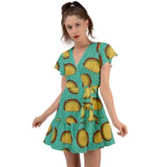 Taco-drawing-background-mexican-fast-food-pattern Flutter Sleeve Wrap Dress by uniart180623