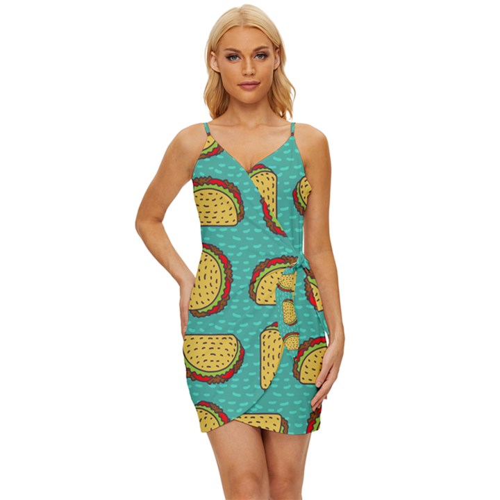 Taco-drawing-background-mexican-fast-food-pattern Wrap Tie Front Dress