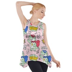 Seamless-pattern-with-many-funny-cute-superhero-dinosaurs-t-rex-mask-cloak-with-comics-style-inscrip Side Drop Tank Tunic by uniart180623