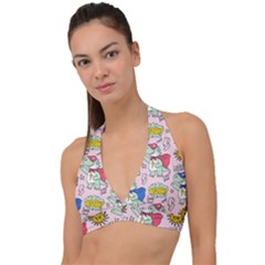 Seamless-pattern-with-many-funny-cute-superhero-dinosaurs-t-rex-mask-cloak-with-comics-style-inscrip Halter Plunge Bikini Top by uniart180623