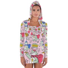 Seamless-pattern-with-many-funny-cute-superhero-dinosaurs-t-rex-mask-cloak-with-comics-style-inscrip Long Sleeve Hooded T-shirt